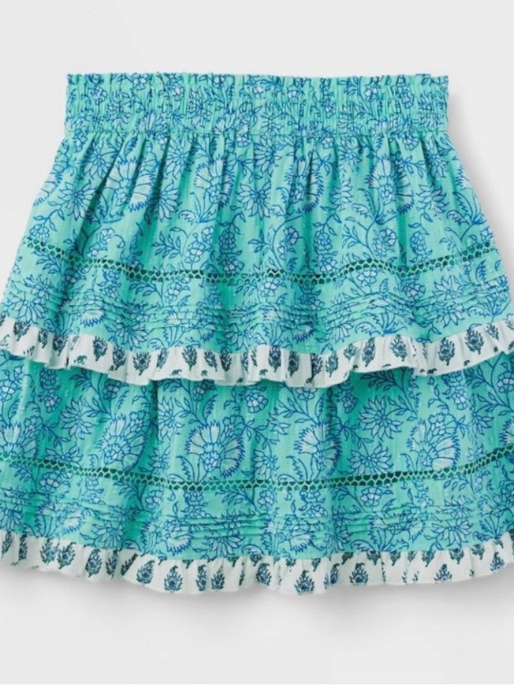 Roller Rabbit Smocked Tiered Floral Mini Skirt - Aqua Blue
